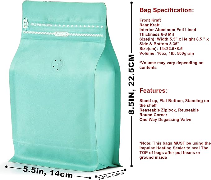 50 Count 16 Ounce Green Blue Kraft Paper Coffee Bags with Air Release Valve, High Barrier Coffee Pouches for Home, Store, Flat Bottom (50pcs/16oz, 1lb, 500g)