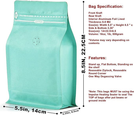 50 Count 16 Ounce Green Blue Kraft Paper Coffee Bags with Air Release Valve, High Barrier Coffee Pouches for Home, Store, Flat Bottom (50pcs/16oz, 1lb, 500g)