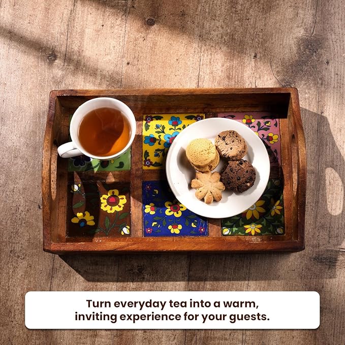 Craft Trade Mango Wood Serving Tray with Handle and 6 Fitted Floral Ceramic Tiles Wooden Platters Perfect for Breakfast Tea Coffee Snacks Dinner 30x23x8 cm Rectangle