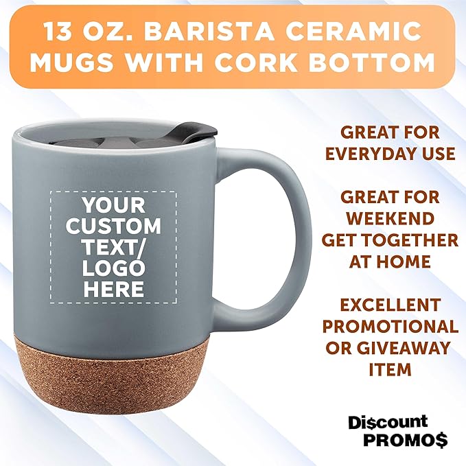 Custom Barista Ceramic Mugs with Cork Bottom 13 oz Set of 12/36/72 Personalized Bulk Pack Perfect for Coffee Tea Espresso Hot Cocoa Other Beverages - Grey