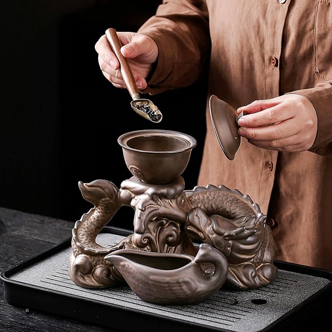 Semi Automatic Tea Set Ceramic Teapot with Infuser Magic Teapot with 8 cups (Antique Brass Dragon- D)