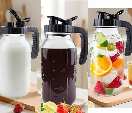 2 Quart Glass Mason Jar Pitcher With Lid 2 Set 64 Oz Wide Mouth Cold Hot Water Pitcher Half Gallon Sun Tea Coffee Jug Carafe For Fridge Lemonade, Beverage,Milk,Juice, Cold Brew Iced Tea Container