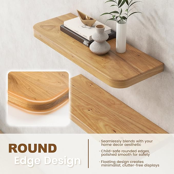 Reclaimed Elm Wood Floating Shelves for Wall Round Edge, 24"W x 9.2"D x 1.37"H, Set of 2 with Invisible Bracket, Wall Mounted Shelves for Living Room Bedroom Kitchen Bathroom Decor, Natural Finish