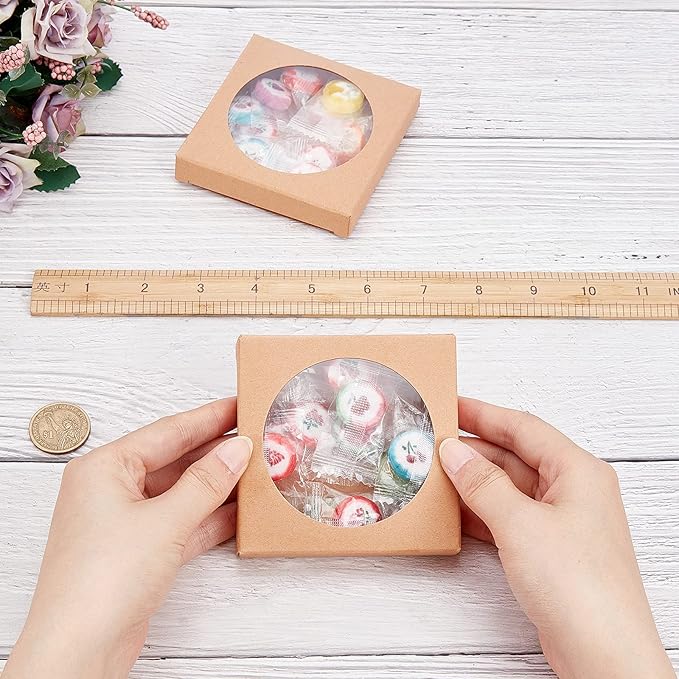 BENECREAT 24 Pack Brown Kraft Paper Boxes with Clear Window 3.5x3.5x0.6" Paper Gift Packaging Boxes for Wedding Party Candy Cookies Favor Treat