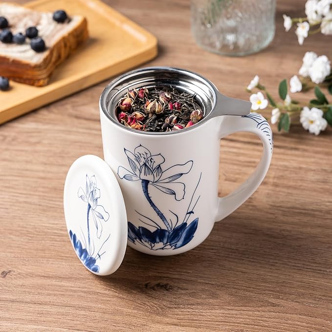 AmorArc Porcelain Tea Mug with Infuser and Lids, 18 Oz Large Cup Strainer with Bag Holder for Loose Leaf Tea, Steeping Coffee Mug for House-warming Wedding Birthday Gift