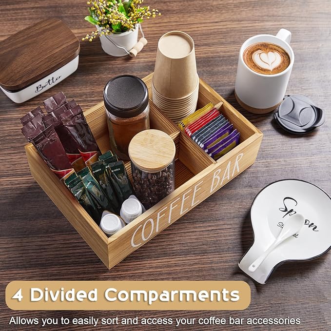 ALELION Brown Coffee Station Organizer - Wood Coffee Bar Accessories Organizer with Removable Dividers for Pods Condiment Syrup Tea Cups Stirrers - for Farmhouse Coutertop Decor