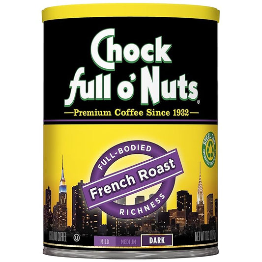 Chock Full o' Nuts French Roast Ground Coffee, Medium-Dark Roast - 100% Premium Coffee Beans – Full-boded, Rich, Bold Medium-Dark Blend with Distinct Parisian Flavor, 10.3 Oz