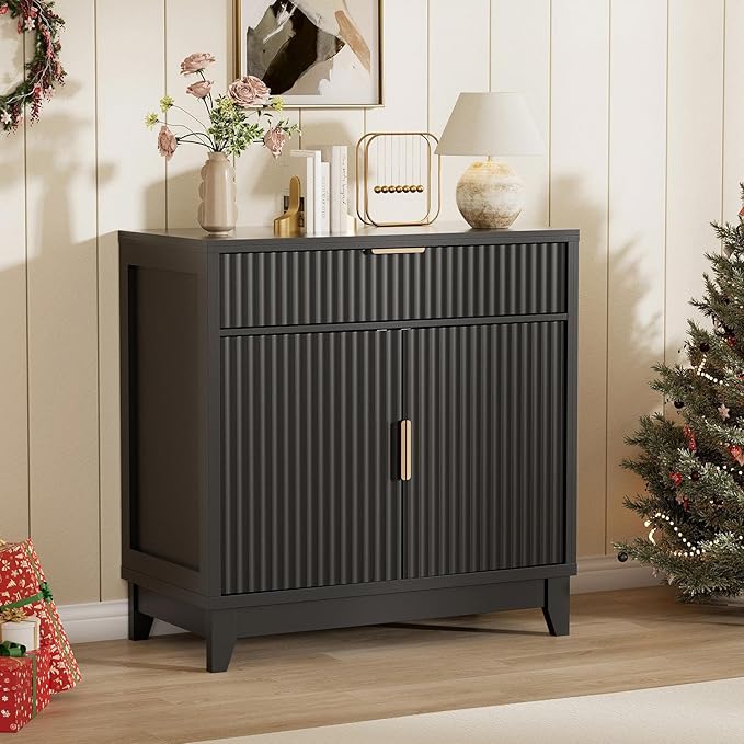 Vabches Fluted Sideboard Buffet Cabinet with Storage, 32" Wide Coffee Bar Console Table with Drawer, Fluted Doors & Adjustable Shelf, Wood Buffet Table for Living Room, Kitchen Dining Room, Black