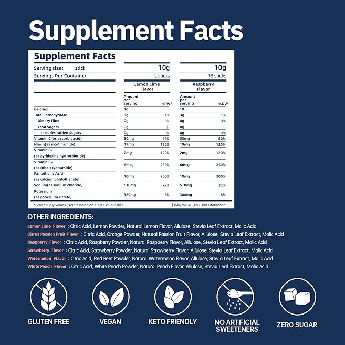 Electrolytes Powder Packets, Raspberry(0.36 oz*20 Sticks), Sugar Free Hydration Packets Electrolyte Drink Mix with 7 Vitamins and Electrolytes, Keto Friendly, Vegan, Gluten Free