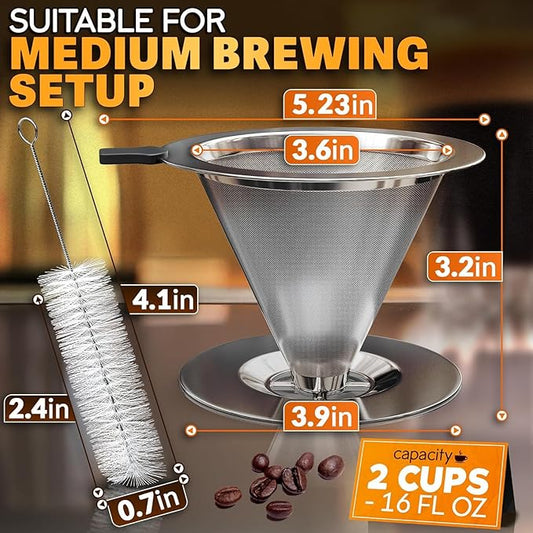 Stainless Steel Pour Over Coffee Maker With Cleaning Brush & Non-Slip Silicone Handle - 2 Cups Capacity Stainless Steel Pour Over Coffee Dripper With Secure Wide Base, Clean Flavor Paperless