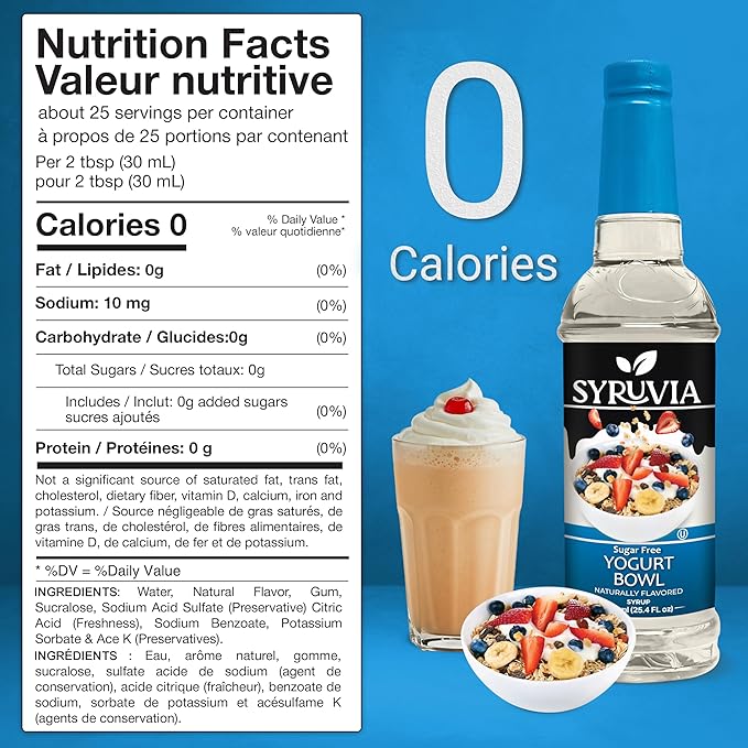 Syruvia Sugar Free Coffee Syrup, Yogurt Bowl Flavored Syrup for Drinks, Lattes and Desserts – 25.4 fl oz, With Pump