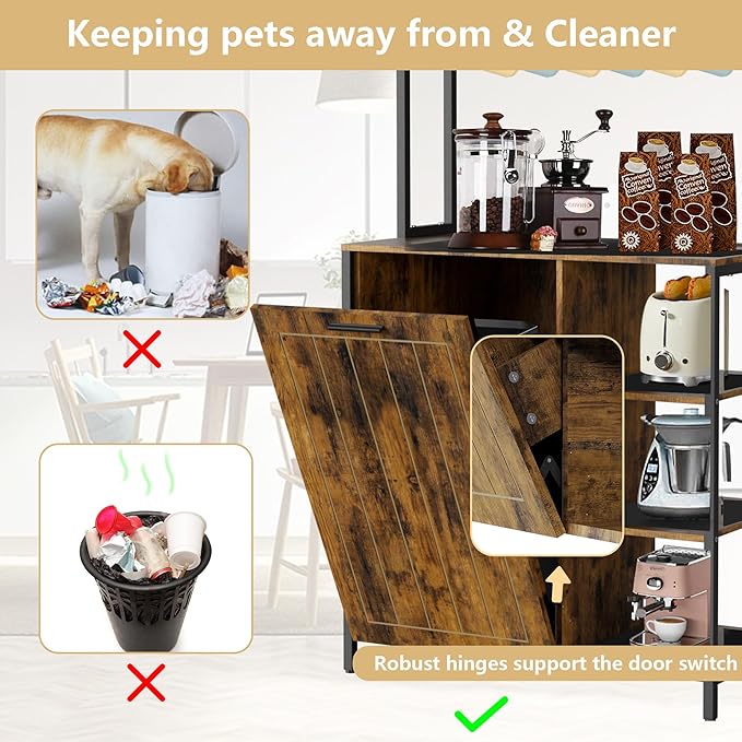 Kitchen Bakers Rack with Storage Shelf - 6-Tier Microwave Stand Oven Cabinet W/Tilting Trash Can Bin and Power Outlet, Farmhouse Thickened Coffee Bar Table Station W/6 Hooks&Adjustable feet