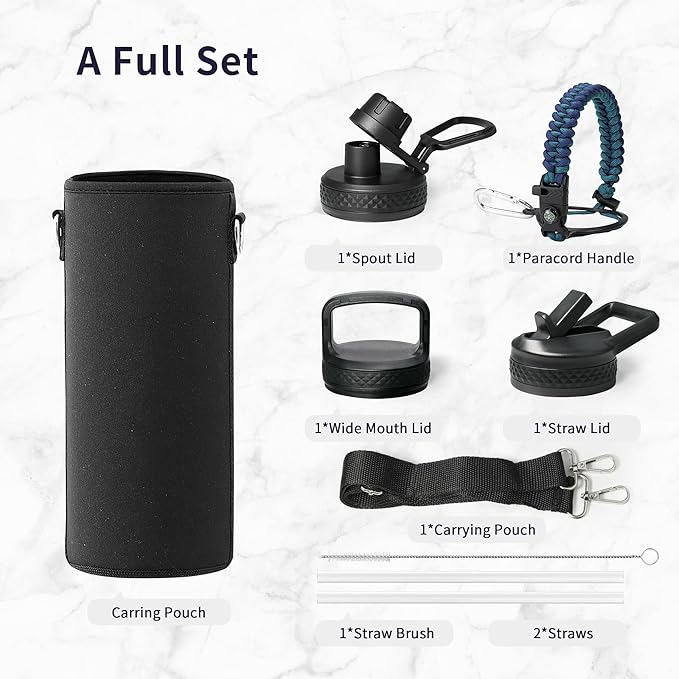 Trebo 40oz Water Bottle Insulated with Lid and Straw,Double Wall Vacuum Stainless Steel Tumbler Sports Flask with Paracord Handle, Keep Hot 24 Hours & Cold 48 Hours Water Jug with 3 Lids, Cyan Blue