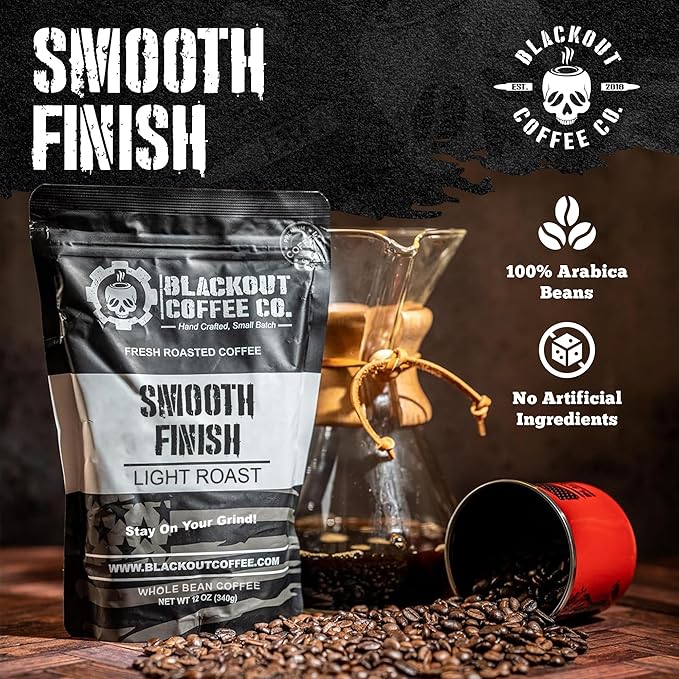 Blackout Coffee Smooth Finish Whole Bean Coffee – Light Roast, Bright & Smooth Taste – Freshly Roasted 12oz Bag