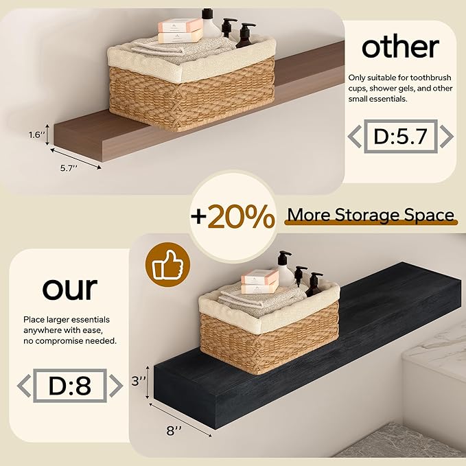 Floating Shelves 3 inch Thick for Wall Set of 2,Solid Pine Wood Wall Mount Shelf for Kitchen Living Room Bedroom Bathroom,8" D x 24" L x 3" H-Black
