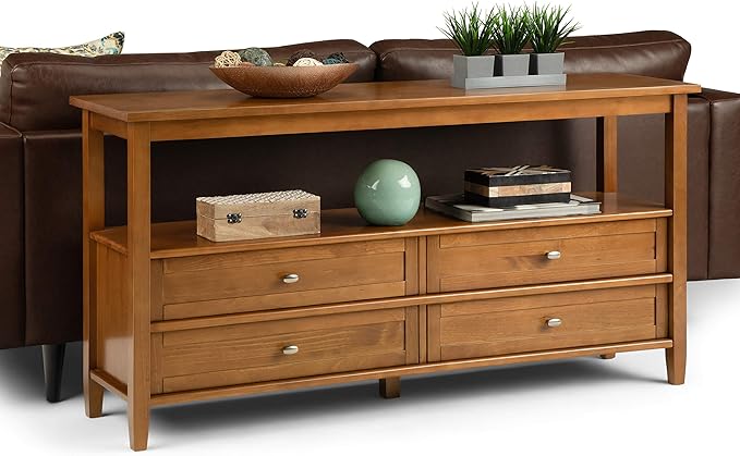 SIMPLIHOME Warm Shaker Wide Console Table - 60 Inch Wide Solid Wood Sofa Table in Light Golden Brown, Transitional Storage Table for Living Room with 4 Drawers, Open Shelf, and Brushed Nickel Knobs