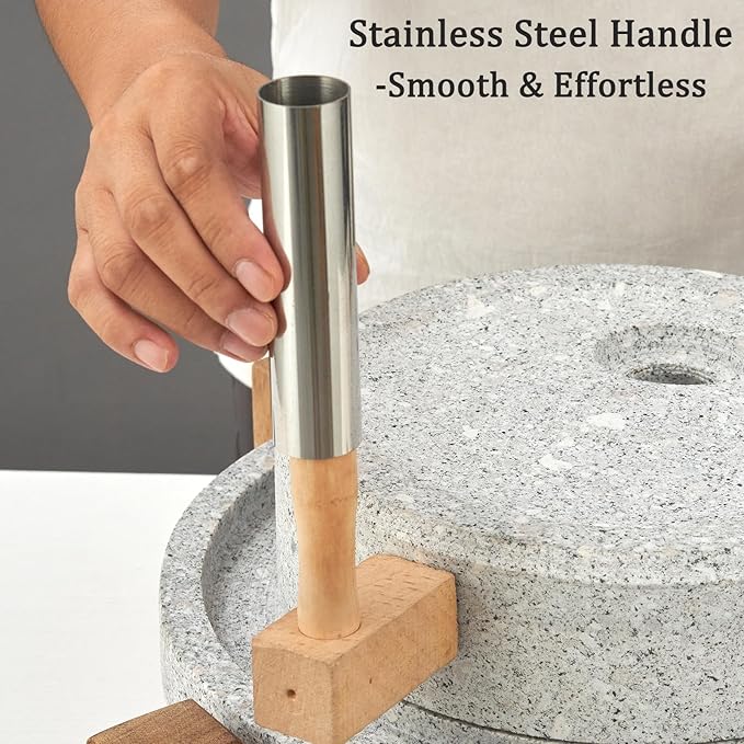 Stone Grain Mill - Manual Flour Mill with Stable Wood Base, Natural Granite Stone Grinder Mill for Dry & Wet Use, Home Kitchen Tool (11.8 x 15.8 inch)