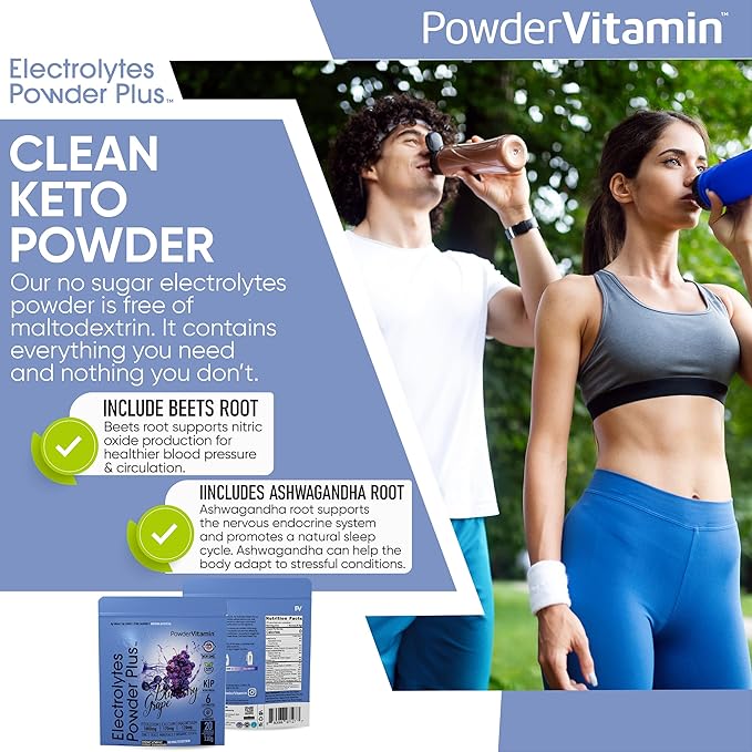 PowderVitamin Electrolytes Powder Plus (20 Servings) Blueberry Grape Electrolyte Powder Zero Calorie Keto,0 Sugar, No Maltodextrin,1000mg Potassium,120mg Calcium,120mg Magnesium, Pink Himalayan Salt