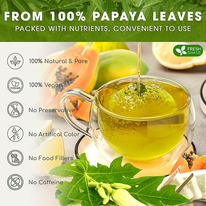 FreshDrinkUS, Premium 25 Papaya Leaf Tea Bags, 100% Natural & Pure from Papaya Leaves. Loose Leaf Herbal Tea. Made with Natural Material Tea Bags. No Sugar, No Caffeine, No Gluten, Vegan.