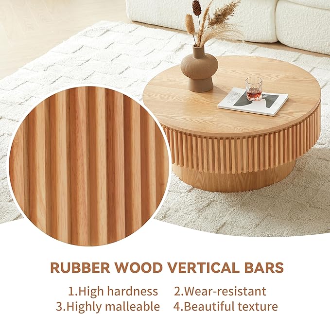 SZTHHDF Round Coffee Table for Living Room,Fluted Drum Accent Tea Center Table with Storage,Circle Modern Coffee Tables for Small Space Office Apartment (31.5" L×31.5''W×14''H-Natural)