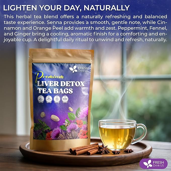 FreshDrinkUS, Premium Liver Detox Tea Bags | 135 Count | Eco-Conscious Corn Fiber Tea Bags | Ayurvedic Stomach Relief & Liver Support | Vegan, Caffeine Free, Kosher