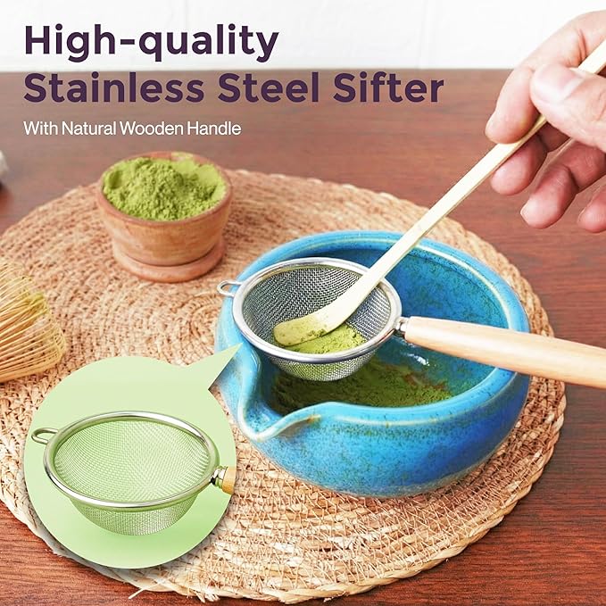 Whisk Set | 5-Piece Japanese Matcha Kit with Bamboo Whisk, Ceramic Bowl with Spout, Sifter & Scoop | Complete Matcha Tea Set for Smooth Frothy Tea | Tea Gift Set for Festivals