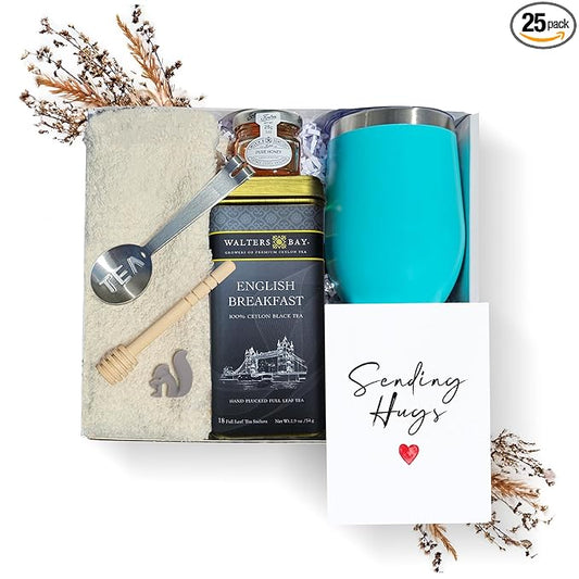 Tea Gift Set for Women – Get Well Basket with Cozy Socks, 18 Full Leaf Sachets, Honey, Tumbler & Sending Hugs Card (English Breakfast)