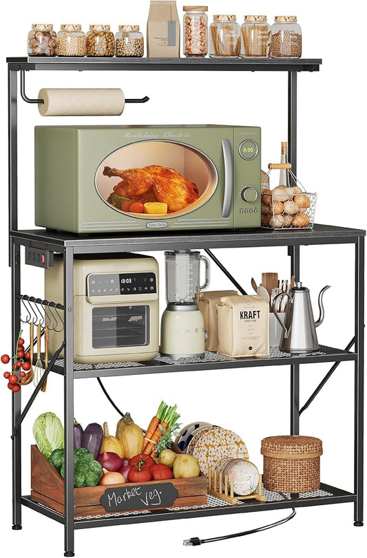 Huuger 4-Tier Bakers Rack with Reversible Power Outlet, 31.5 Inch Microwave Stand, Kitchen Coffee Bar, with Top Shelf, 6 S Hooks, Black