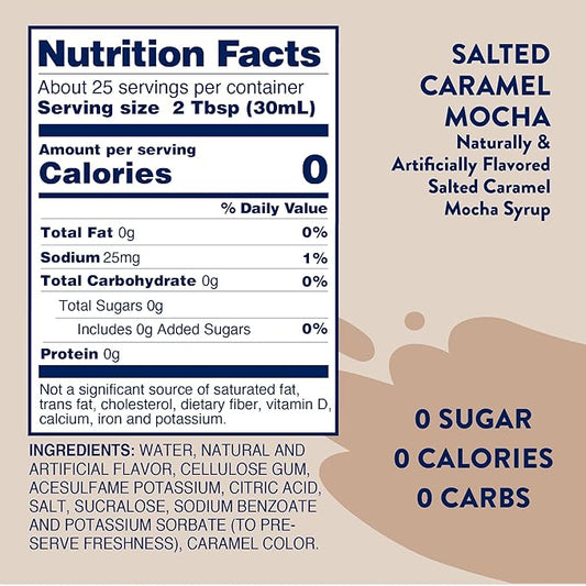 Jordan's Skinny Mixes Sugar Free Coffee Syrup, Salted Caramel Mocha Coffee Flavoring Syrup, Zero Calorie Drink Mix, Lattes, Baking, Protein Shake or Cocktail, Dairy & Gluten Free, Kosher, 25.4 Fl Oz