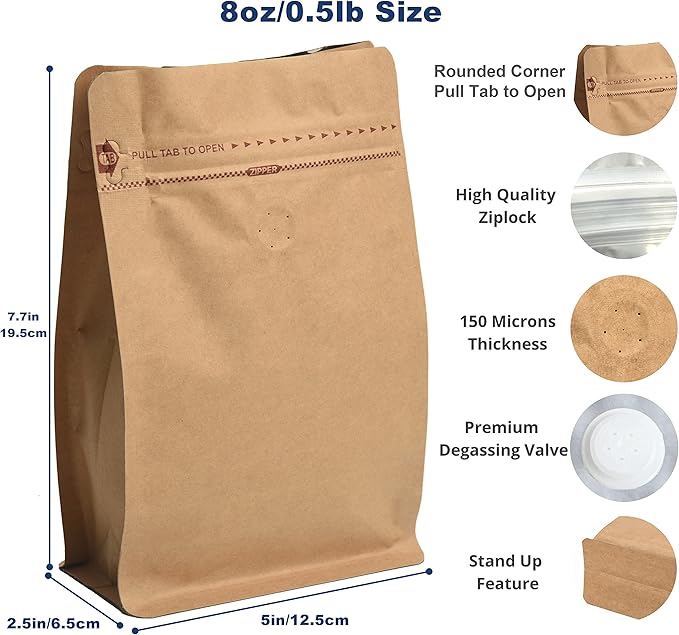 500 Count Kraft Paper Coffee Bags - High Barrier Kraft & Foil Liner - Flat Bottom Coffee Pouches with Degassing Valve, Food Storage Bags with Rsealable Zipper & Easy Open Tape (500, 8oz)