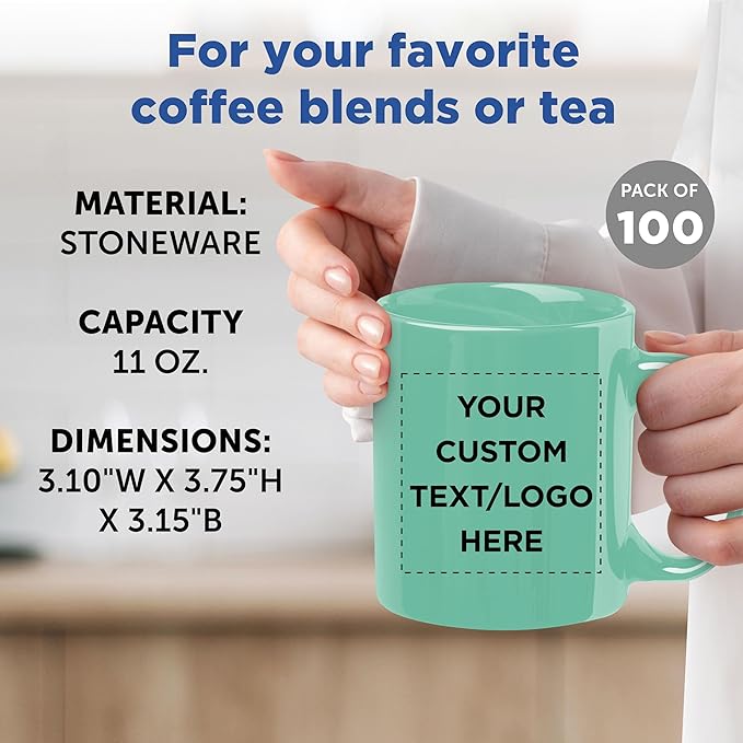 Custom Ceramic Coffee Mugs 11 oz. Set of 100, Personalized Bulk Pack - Coffee cup set, Iced coffee cup, Gaming mug - Teal