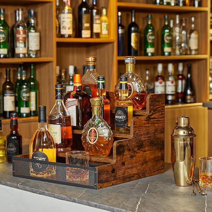 Yuzehuaza 4 Step Countertop Liquor Bottle Display Shelf, Wood Bar Shelves 16 Bottles with Fences, Freestanding Storage Shelves for Liquor Whiskey Wine Coffee Syrup Display, Retro Wine Rack Home