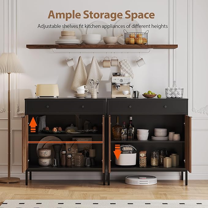 Mericonia Farmhouse Buffet Sideboard Cabinet with Storage, Fluted Coffee Bar with Doors and Adjustable Shelves, Modern Wood Console Cabinet for Kitchen, Livingroom (Fluted 2 Door, Black & Walnut)