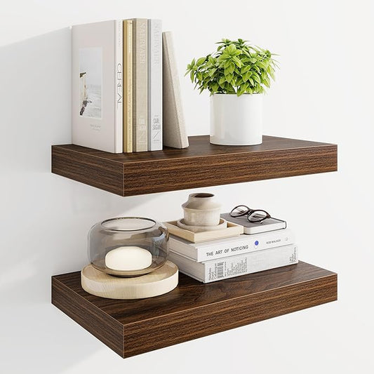 Marsmiles 16" Floating Shelves for Wall, Wooden Shelves with Invisible Brackets Set of 2, Rustic Farmhouse Wall Mounted Shelf for Kitchen Bathroom Living Room Study, Walnut
