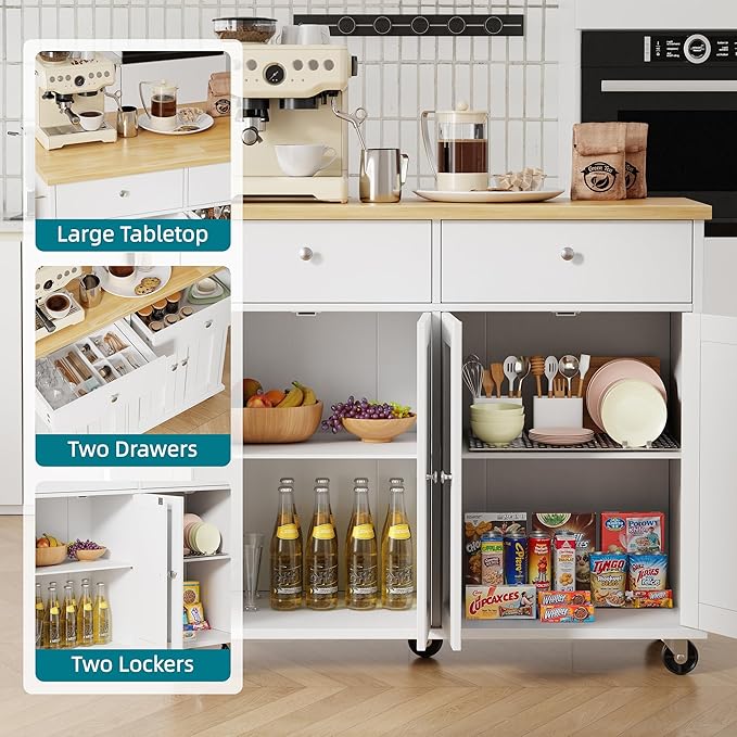 Shintenchi Kitchen Island with Drop Leaf, Rolling Kitchen Cart with Storage on Wheels, Table Bar Cart for Kitchen with Towel Rack & Seating Area for Dining Room, White