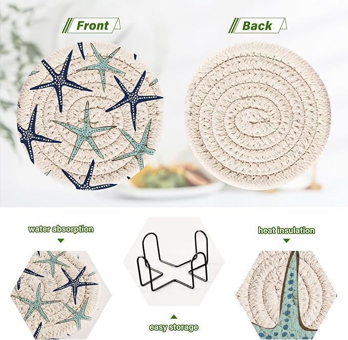 Coastal Coasters Set of 6 Starfish Cotton Coasters for Drinks with Holder, Beach Navy Blue Absorbent Decorative Bar Woven for Coffee Table Protection