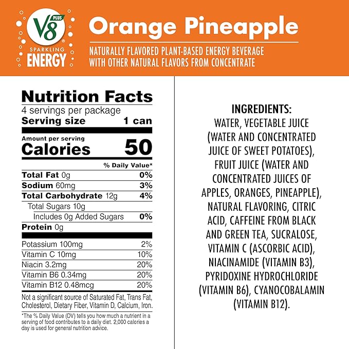 V8 +Energy Sparkling Orange Pineapple Juice Energy Drink, 11.5 fl oz Can (4 Pack)