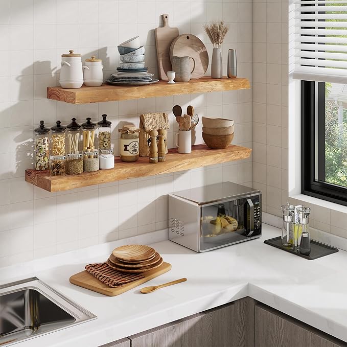 Floating Shelves, 8" Deep Rustic Solid Wood Wall Mounted Floating Shelves, Wall Shelves with Invisible Bracket for Living Room Bathroom Bedroom Kitchen, 24 Inch Set of 2, Natural
