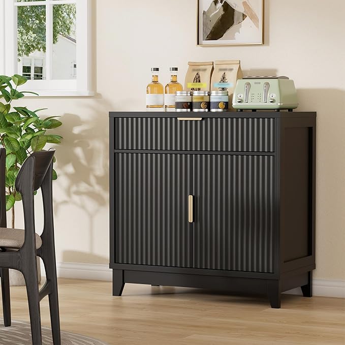 Vabches Fluted Sideboard Buffet Cabinet with Storage, 32" Wide Coffee Bar Console Table with Drawer, Fluted Doors & Adjustable Shelf, Wood Buffet Table for Living Room, Kitchen Dining Room, Black