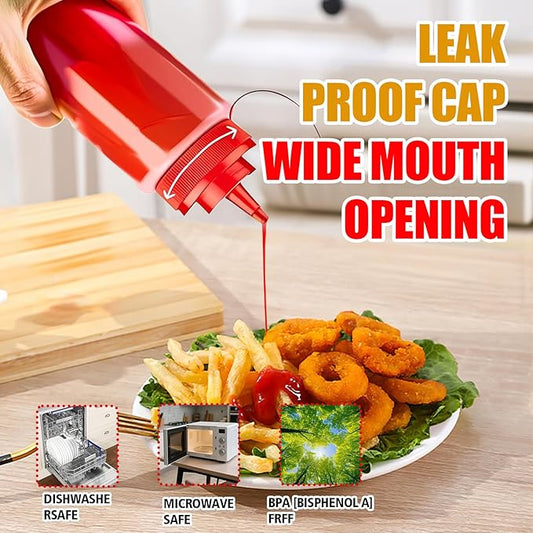 Squeeze Bottles for Sauces,Leak-Proof Condiment Dispenser, BPA-Free Kitchen Restaurant Squeeze Bottle Set with Wide Mouth for Ketchup, Mustard,Syrup,Dressings (Red, 6Pack-32oz(900ml))