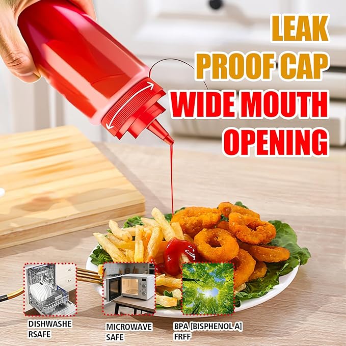 Squeeze Bottles for Sauces,Leak-Proof Condiment Dispenser, BPA-Free Kitchen Restaurant Squeeze Bottle Set with Wide Mouth for Ketchup, Mustard,Syrup,Dressings (Red, 4Pack-8oz(200ml))