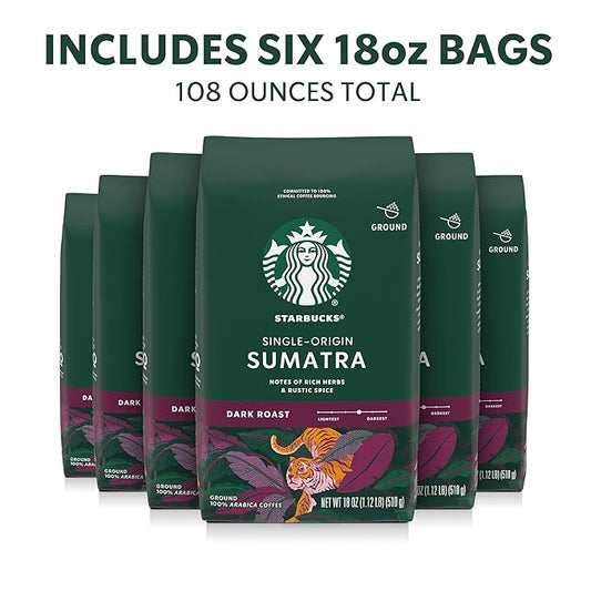Starbucks Ground Coffee, Dark Roast Hot or Iced Coffee, Single-Origin Sumatra, Six 18 oz Bags