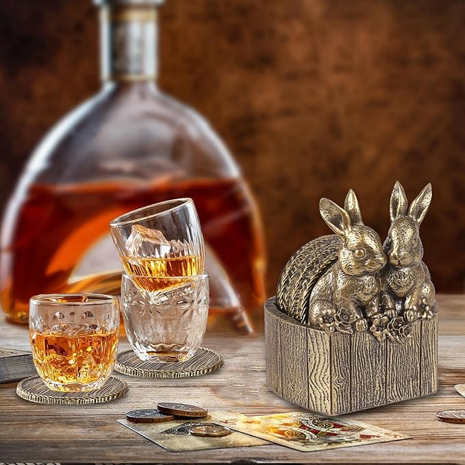 Cabin Coasters Set 6 Full Size Non-Slip Bar Coasters, Indoor Christmas Decorations, Man Cave Gifts for Men, Rustic Handmade Decor for The Home (Rabbit)