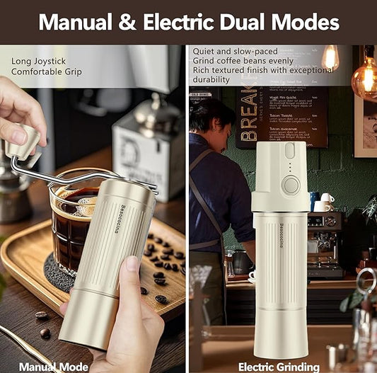 Burr Coffee Grinder 2-in-1 Manual/Electric, 40mm Stainless Steel Conical Burr Coffee Bean Grinder, USB Rechargeable Home Use, 16 Grind Levels for Espresso/Drip/French Press/Mocha (Milky)