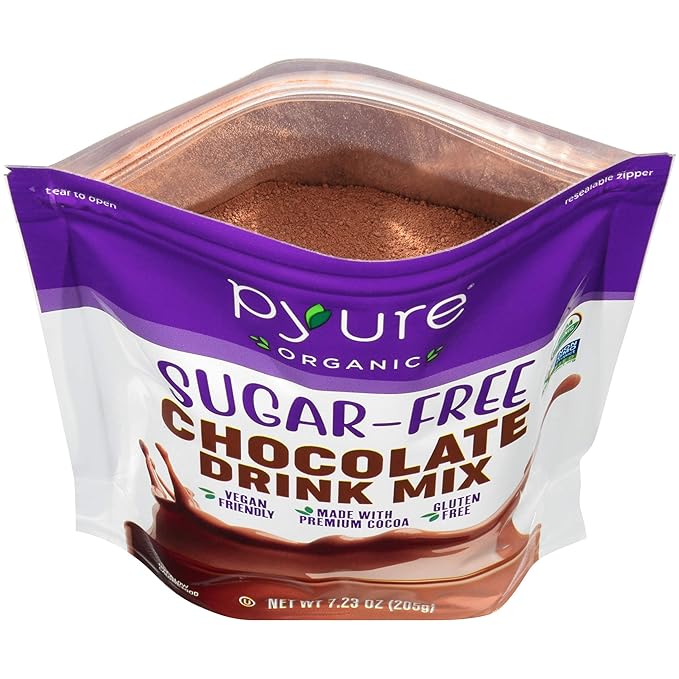 Pyure Organic Sugar Free Chocolate Drink Mix | Low Carb Chocolate Milk Powder with Cocoa | Keto, Vegan, Gluten-Free, Plant-Based | 1 Net Carb, Zero Sugar, Non-GMO, USDA Organic | 7.23 oz
