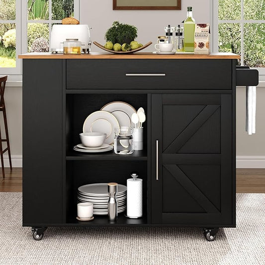 4 EVER WINNER Kitchen Island with Storage, Rolling Kitchen Island with Spice Rack & Towel Rack & Open Shelves, Island Table for Kitchen with Storage Cabinet and Drawer, Black