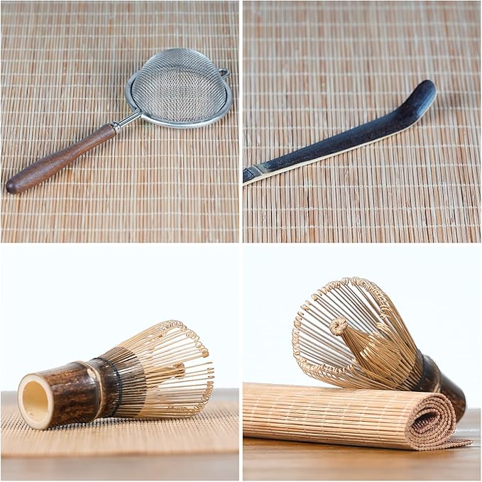 7-Piece Matcha Set with Ceramic Matcha Bowl, Bamboo Whisk (Chasen) & Holder, Sifter, Tea Scoop & Rest, Special Bamboo Tea Mat - Perfect Matcha Kit for Matcha Lovers & Gift Giving, Green
