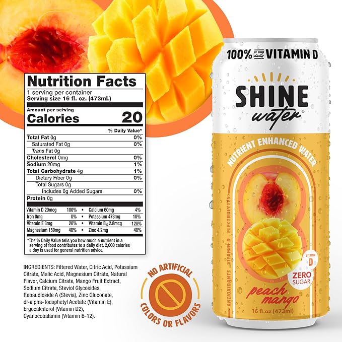 Shine Water Peach Mango Vitamin D Electrolyte Drinks 12-Pack, Sugar Free Flavored Water with Magnesium, Zinc & Antioxidants, Low Calorie Hydration Beverage, Plant-Based Vitamin Water Zero Sugar
