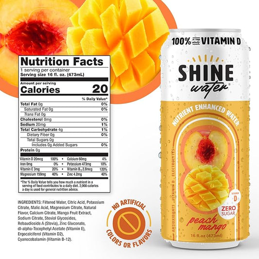 Shine Water Peach Mango Vitamin D Electrolyte Drinks 12-Pack, Sugar Free Flavored Water with Magnesium, Zinc & Antioxidants, Low Calorie Hydration Beverage, Plant-Based Vitamin Water Zero Sugar
