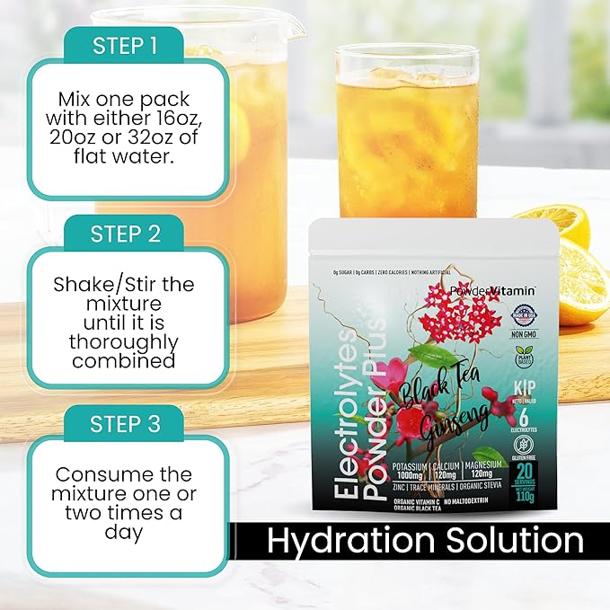 PowderVitamin Electrolytes Powder Plus (20 Servings) Black Tea Ginseng Electrolyte Powder Keto, Sugar Free, Pink Himalayan Salt,1000mg Potassium,120mg Calcium,120mg Magnesium, Hydration Powder